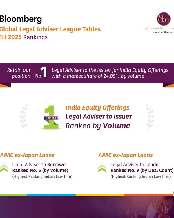 Our top rankings in the Bloomberg Global Legal Adviser League Tables, including No. 1 Legal Adviser to the Issuer for India Equity Offerings, demonstrate our dominance in the capital markets space. We provide expert legal counsel for both lenders and borrowers in complex loan transactions.
