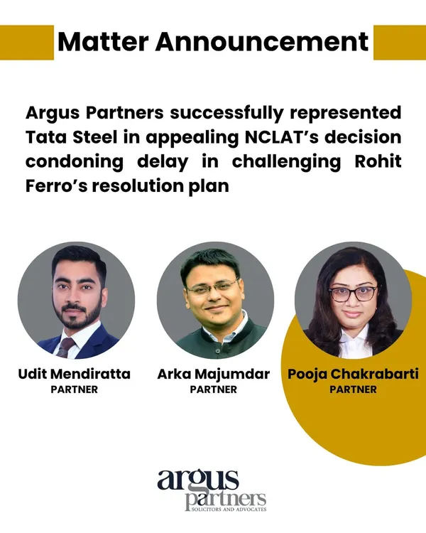 We successfully represented Tata Steel before the Supreme Court in a critical appeal concerning the Insolvency and Bankruptcy Code (IBC). Our team secured a landmark judgment that reaffirmed the strict statutory timelines for filing appeals, setting an important precedent for all future IBC-related litigation.