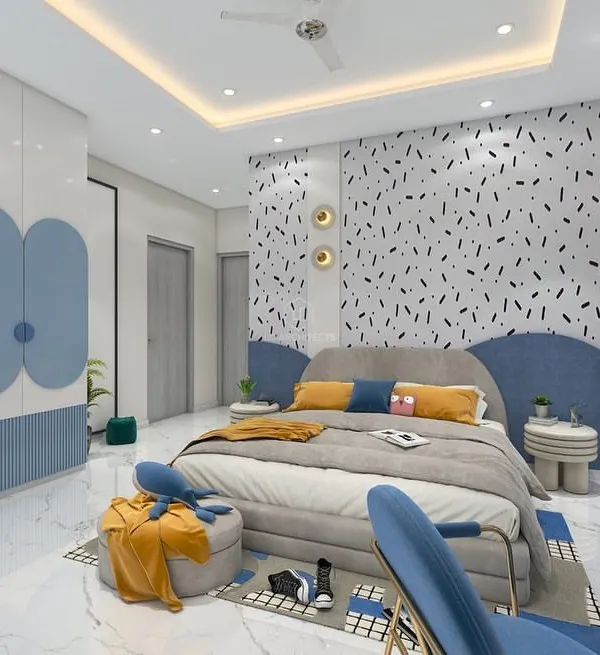 A bright and modern kid's room concept with a playful blue and yellow color scheme. The design features a custom headboard that extends up the wall, a confetti-patterned accent wall, and unique, rounded wardrobe doors.