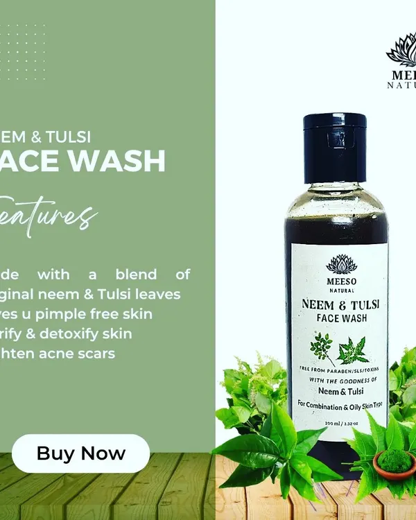 This is my Neem & Tulsi Face Wash, specially formulated for oily and combination skin. It uses the natural purifying properties of original neem and tulsi leaves to deeply cleanse, help prevent pimples, and lighten acne scars for clearer skin.