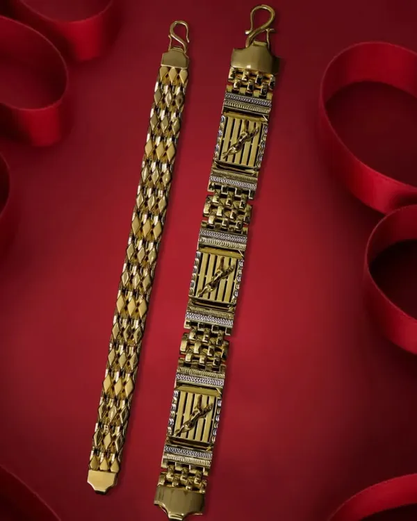 This is the kind of creative jewelry photography I specialize in. I used a vibrant red ribbon background to make these intricate gold bracelets stand out, highlighting their detailed craftsmanship for an ad campaign.