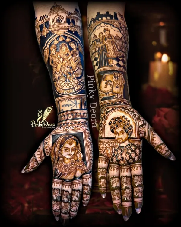 This is what I mean when I say I turn your story into art. This bridal mehndi captures the couple's portraits on the palms, surrounded by moments from their life together, including their parents' blessings and special memories. It’s more than a design; it’s a keepsake.