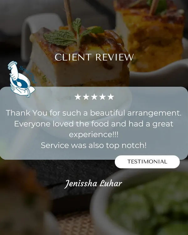 "Beautiful arrangement. Everyone loved the food and had a great experience!!! Service was also top notch!" This glowing 5-star review from a happy client encapsulates everything I strive to achieve: great food, beautiful presentation, and excellent service.