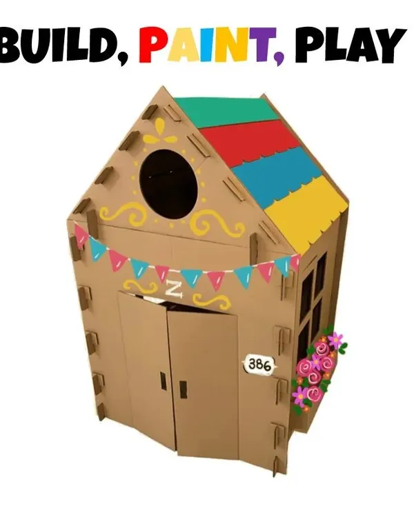 This is what it's all about: Build, Paint, Play. Our large cardboard playhouse is a blank canvas for your child's imagination, ready to be transformed into their very own colorful, personalized space.