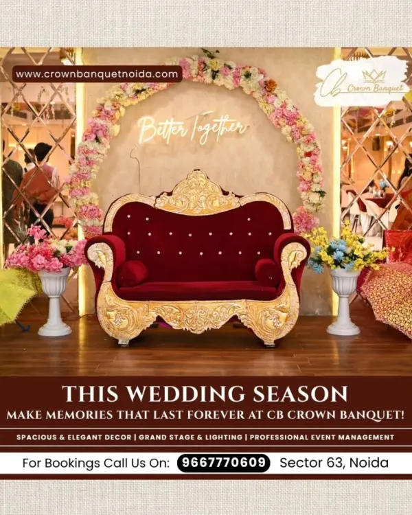 Our royal-themed stage is the perfect centerpiece for your wedding or engagement ceremony. This setup features a classic red and gold velvet sofa, a custom 'Better Together' neon sign, and a lush floral arch, creating a grand and romantic backdrop for your special day.