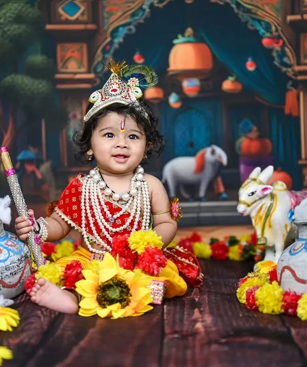 This little one dressed as Krishna is one of my most requested photoshoots. I love how the vibrant colours, detailed props, and the baby's joyful expression come together to create such a special portrait for Janmashtami.