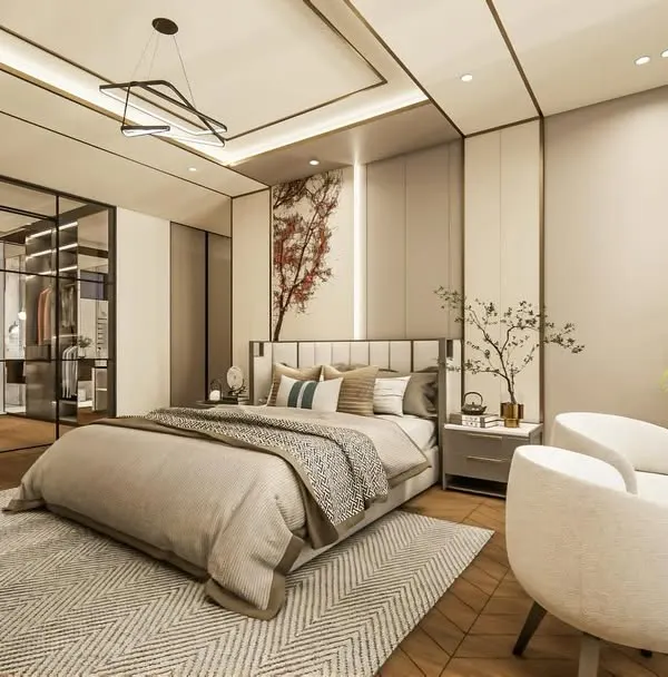 This master bedroom is a sanctuary of quiet luxury. I used a calm, neutral palette, sophisticated textures, and clean lines to create a space that feels both expansive and intimate, a true retreat from the city. The glass-enclosed walk-in closet adds a layer of transparency and modern elegance.
