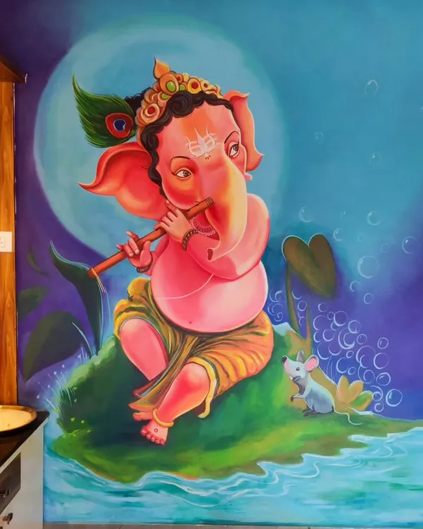 This "Venu Ganapa" mural was created for a client's home in Mangalore. The playful depiction of Lord Ganesha playing the flute brings a joyful and auspicious energy to the space.