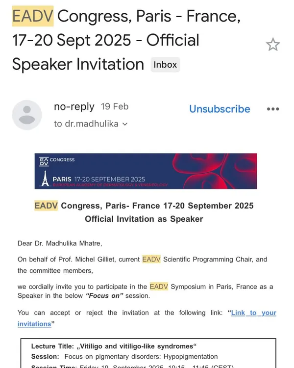 It is an honor to be invited to speak at the upcoming EADV Congress in Paris. I look forward to sharing my work on pigmentary disorders and connecting with the international dermatology community.