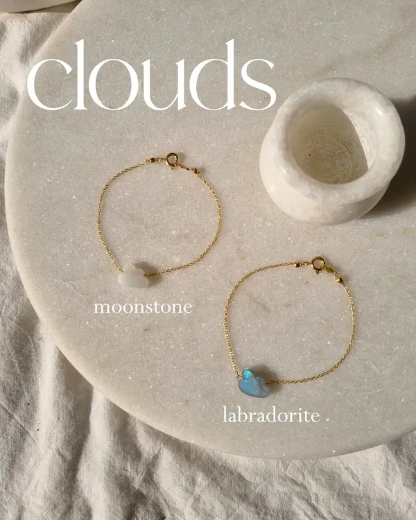 My 'amegh' cloud bracelets, like candy for your wrist. This image shows the moonstone cloud for calm and good fortune, and the labradorite cloud, which I consider a stone of magic.