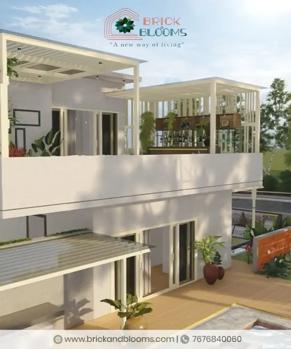 A 3D render of a complete exterior and terrace design for a modern villa. This project showcases a cohesive landscape plan, including a poolside wooden deck on the ground floor and a rooftop bar and lounge area covered by a stylish white pergola.