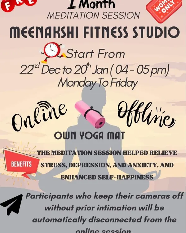 An informational poster for one of my past one-month meditation sessions for women. These sessions are focused on relieving stress and enhancing self-happiness.