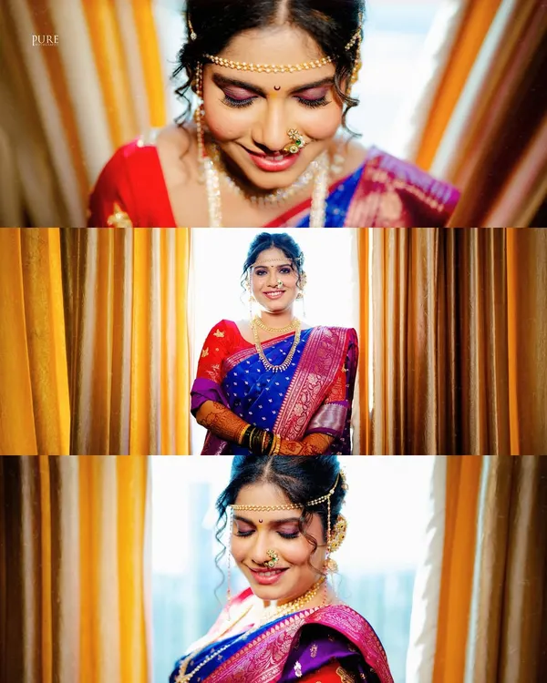 A collage of a beautiful Marathi bride getting ready for her big day. We capture the details, from the traditional mundavalya to her joyful smiles.