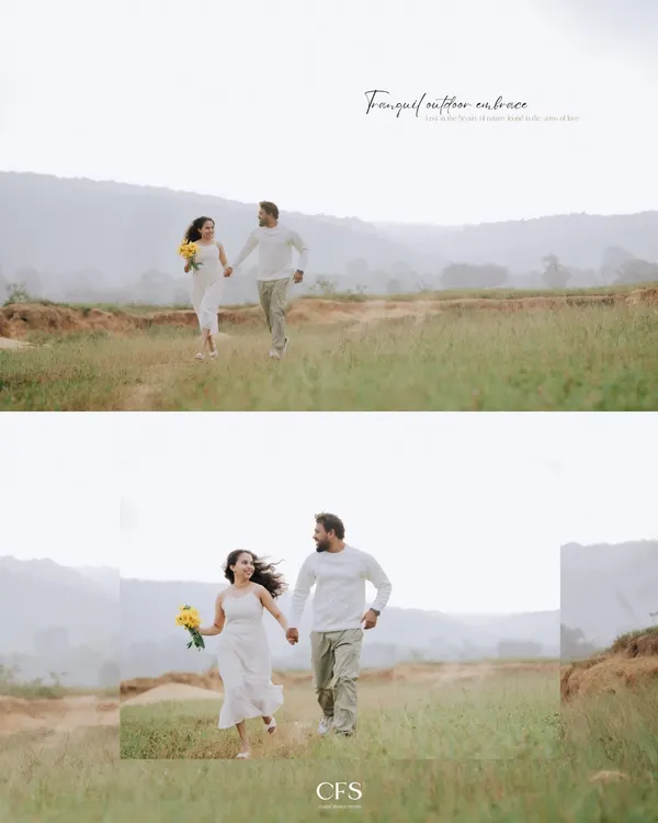 A two-panel layout capturing the joy of a couple running through an open field, showing both a wide shot and a closer, more intimate view of their happiness.