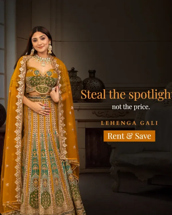Steal the spotlight in this stunning mustard and green lehenga. The rich colors and intricate embroidery make it a perfect rental for a Mehendi or Sangeet ceremony.