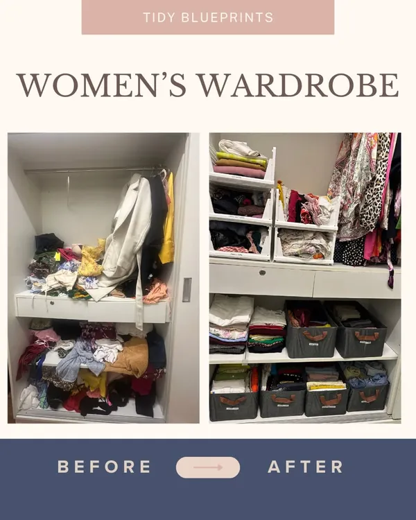 A classic before and after of a women's wardrobe. We went from piles of clothes and no clear system to a beautifully organized space with stackable bins and categorized sections, making it easy to see everything at a glance.