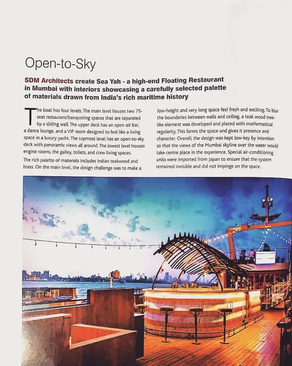 A feature on the Queensline Sea Yah project in MGS Architecture + Interior Design magazine. The article highlights the open-to-sky deck and the carefully selected palette of materials that define this high-end floating restaurant.