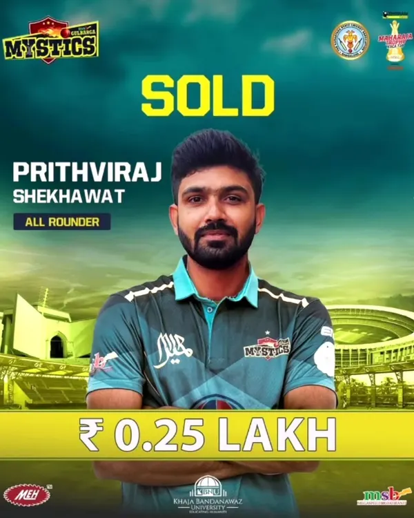 We are proud to announce that our player Prithviraj Singh Shekhawat was picked by the Gulbarga Mystics for the KSCA Maharaja Trophy. This is a significant step in his professional cricket journey.
