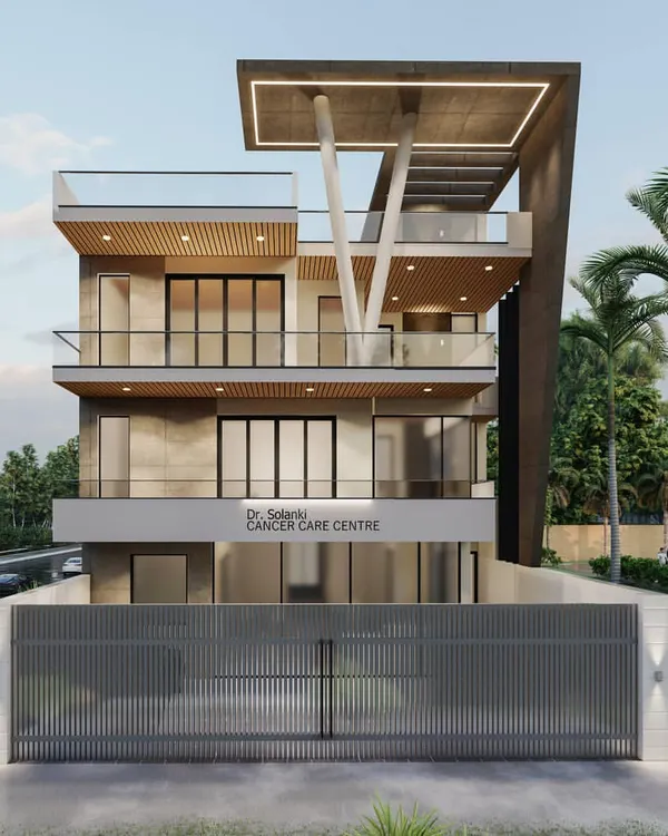 This is our design for the Dr. Solanki Cancer Care Centre. The architecture is minimalist and clean, intended to create a healing and unpretentious environment for patients, with a residential block for doctors on the upper floors.