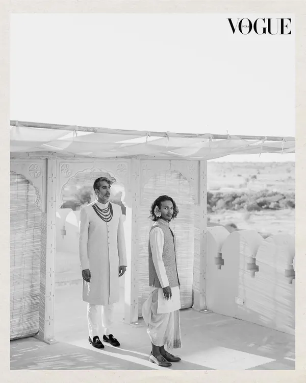 Featured in Vogue, Kahran and Gourav's wedding was a testament to their love story. This portrait, taken in the starkly beautiful landscape of Jaisalmer, captures their quiet strength and elegance. We were so proud to help bring their vision to life.