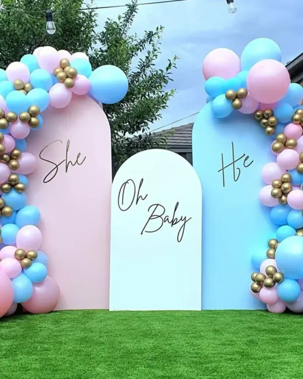 A classic "He or She" gender reveal party setup. This outdoor decoration features pink and blue arched backdrops, each with a matching balloon garland, creating a perfect photo op for the big reveal.