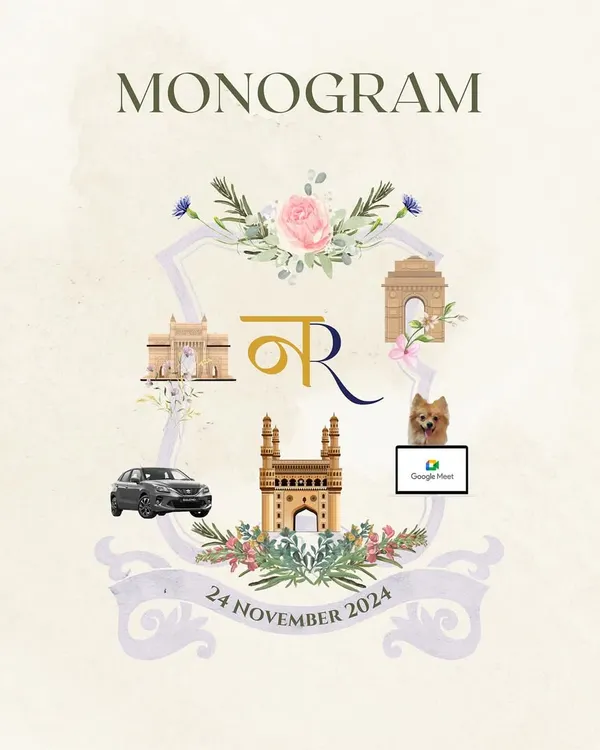 This custom monogram is a beautiful summary of a couple's love story. It incorporates their initials in Hindi, landmarks from their home cities of Mumbai and Delhi, their car, their beloved dog, and even a nod to how they met online.