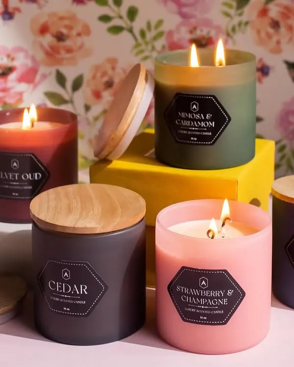I love styling spaces with scents that tell a story. This collection of frosted glass jar candles with wooden lids features a range of fragrances, from the woody notes of Cedar to the sweet scent of Strawberry & Champagne, designed to elevate your everyday moments.