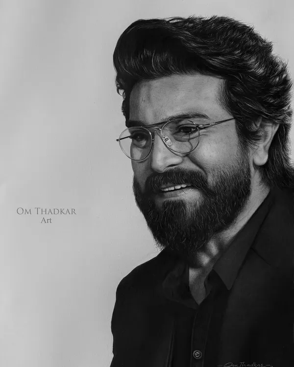 A close-up of my charcoal portrait of the actor Ramcharan. This view highlights the hyperrealistic detail in his expression, beard, and glasses, capturing his magnetic presence.