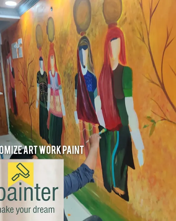 A large, hand-painted mural showing a vibrant scene of village women. This is a fully customized artwork, painted directly on the wall to create a powerful cultural statement.
