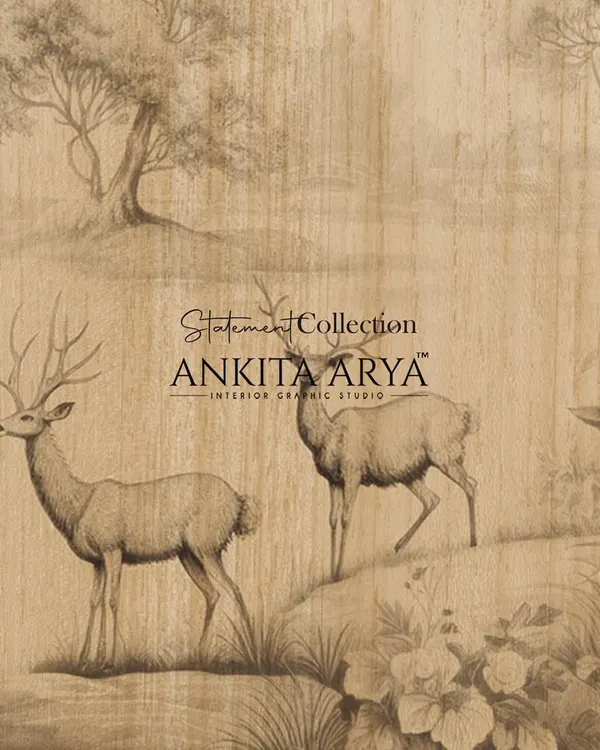 A close-up detail of the printed veneer wardrobe panels. The fine lines and shading of the deer and forest landscape give the artwork a classic, hand-etched feel, adding depth and character to the wood surface.
