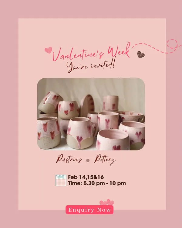 Our Galentine's Week event flyer, inviting you to celebrate love and friendship with pastries and pottery.