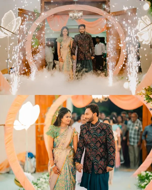 Making a grand entrance as a newly engaged couple. We captured this moment with sparklers and smoke, adding a touch of drama and celebration to their entry at the convention hall.
