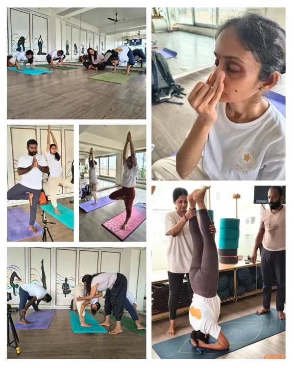 A collage capturing the diverse elements of our TTC. From challenging inversions and pranayama to hands-on support from our gurus, every day is a step deeper into the practice.