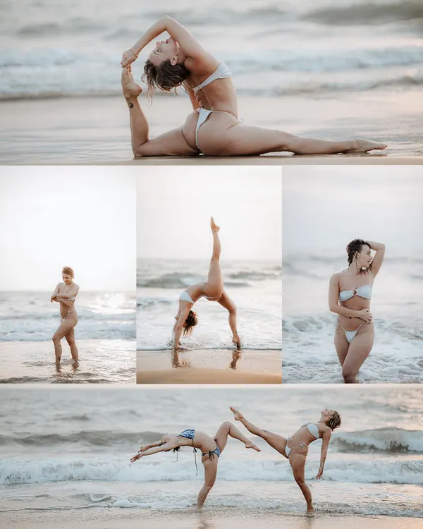 This collage showcases the variety of a beach yoga and fitness shoot. It captures flexibility, strength, and serene moments, demonstrating my ability to cover different aspects of a themed session.