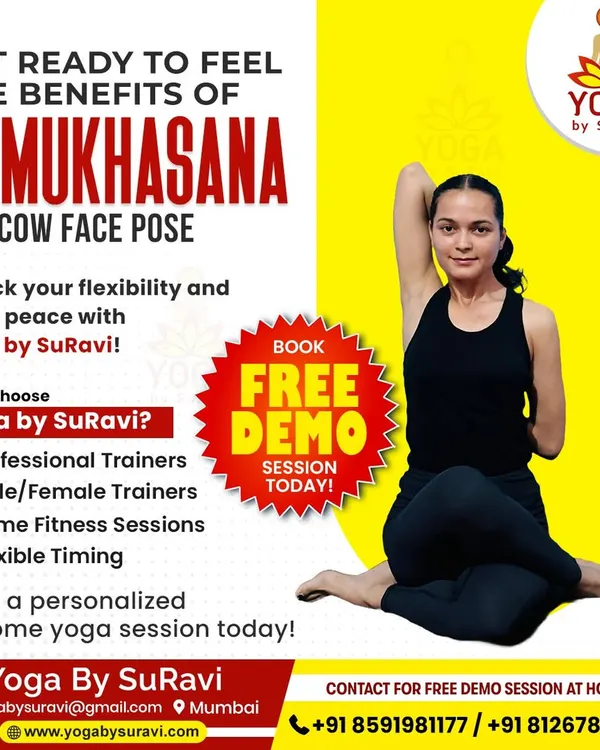 Get ready to feel the benefits of Gomukhasana (The Cow Face Pose). This graphic highlights why you should choose us for personalized at-home sessions.