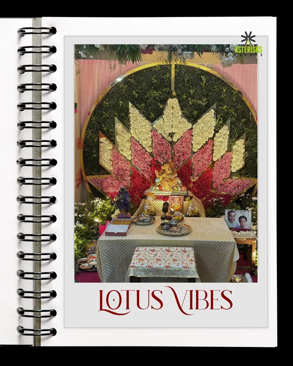 A beautiful Ganpati decoration with a "Lotus Vibes" theme. We used fresh flowers to create an intricate lotus backdrop, bringing a serene and divine feel to this home celebration.