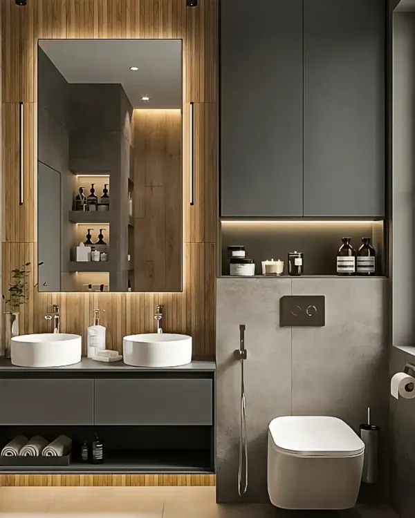 A sophisticated modern bathroom in shades of grey and wood. I used backlighting behind the mirror and under the vanity to create a warm, ambient glow and a floating effect.
