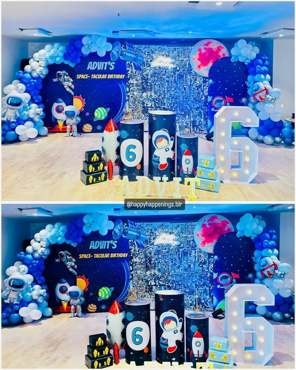 This is what a "space-tacular" birthday looks like. For Advit's 6th birthday, we created a complete intergalactic experience with a shimmering backdrop, custom astronaut and rocket props, and a stunning balloon arch to make his party feel out of this world.