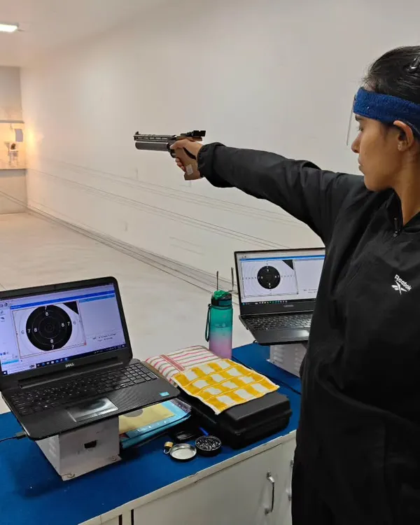 An ITBP official, Sonal Chowdhary, during a focused 10m Air Pistol training session at our Delhi branch. We provide a professional environment for athletes from various organizations to hone their skills.