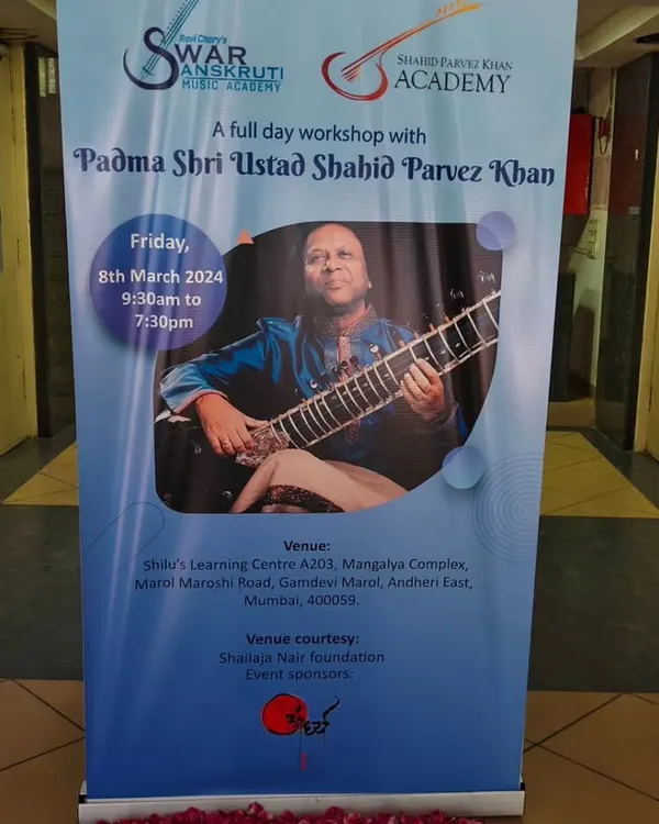 The banner for our full-day workshop with the legendary Padma Shri Ustad Shahid Parvez Khan. Organizing these events is part of my commitment to providing the best learning opportunities for my students.