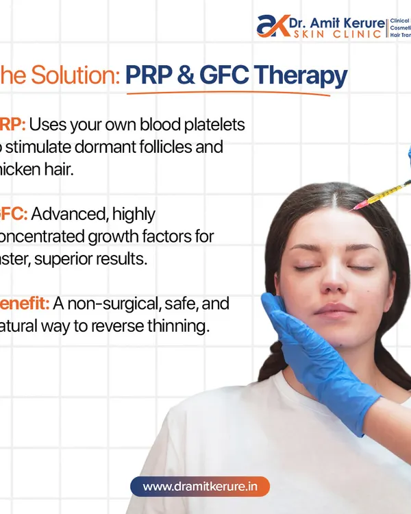 This graphic explains my primary non-surgical solutions. PRP uses your own blood platelets to stimulate follicles, while GFC is a more advanced, concentrated version for superior results. Both are safe, natural ways to reverse hair thinning.