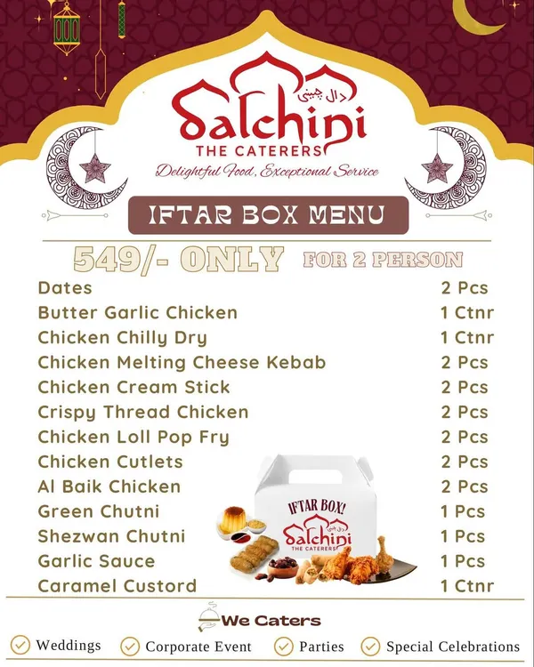 This is the full menu for our popular Iftar Box for two. I've listed every single item you'll receive, including starters like Crispy Thread Chicken and Chicken Cutlets, so you know exactly what to expect.