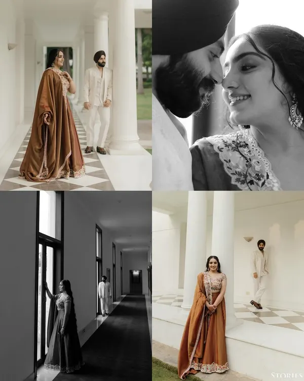 A collage of portraits from Gunveer and Bandana's Roka, blending classic color shots with artistic black and white frames that tell the story of their 8-year journey.