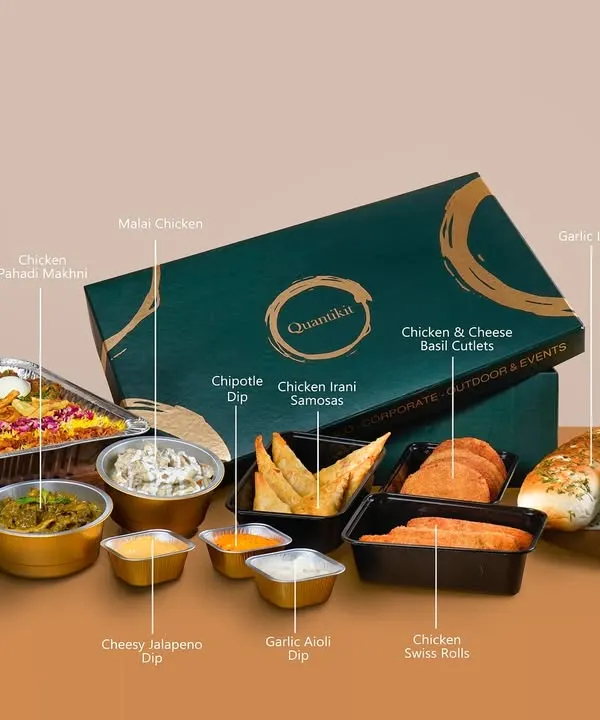 An overview of my comprehensive Iftar Kit, with each delicious item clearly labeled. This box includes everything from Chicken Malai Swiss Biryani and Malai Chicken to various dips, samosas, and even a Coffee Bread Crème Cake for a complete, hassle-free feast.