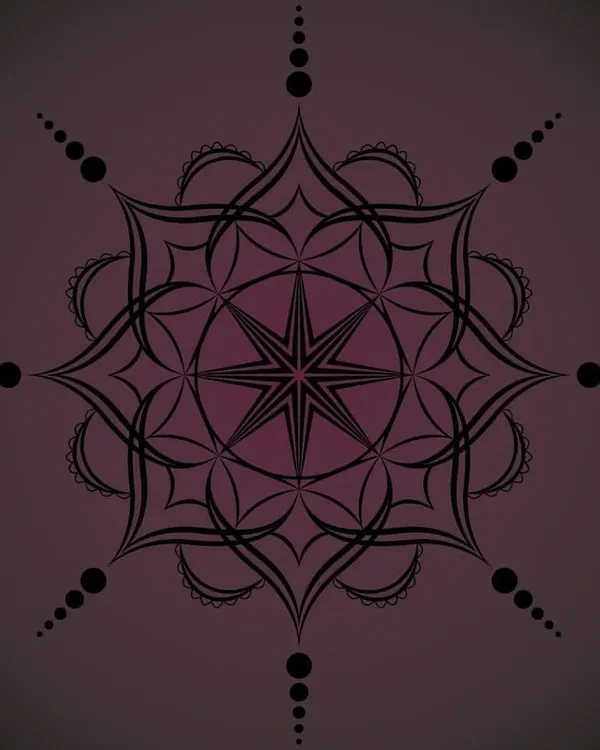 A symmetrical black mandala design set against a deep purple gradient. This piece is about finding balance and harmony through intricate, repeating patterns.
