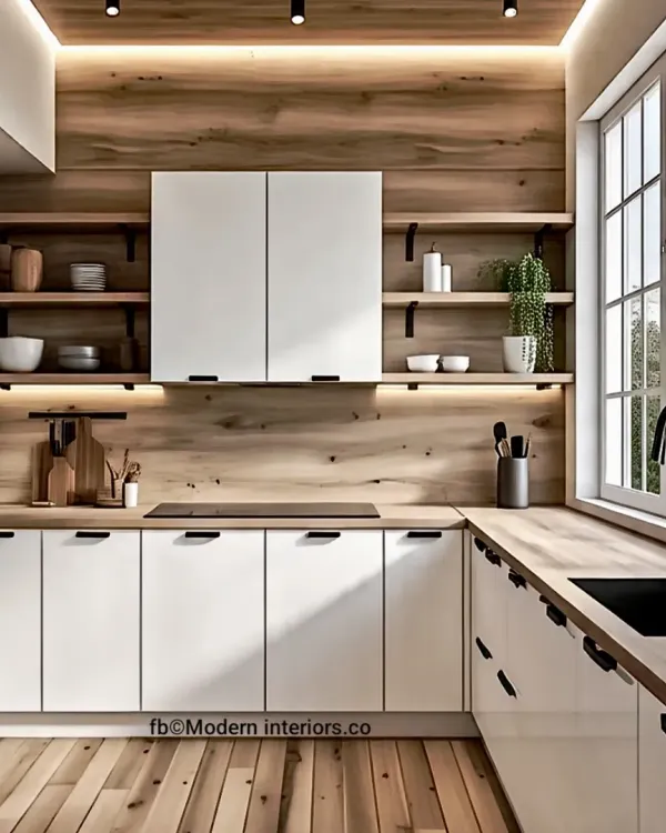 This Scandinavian-inspired kitchen features white handleless cabinets paired with a warm wood backsplash and countertops. Open shelving and under-cabinet lighting create a bright and airy workspace.