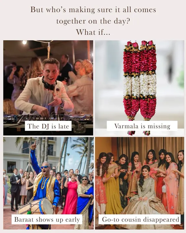 What if the DJ is late or the Varmala is missing? My job is to handle the "what ifs" so you don't have to. This graphic highlights the common wedding-day issues that my team and I expertly manage.