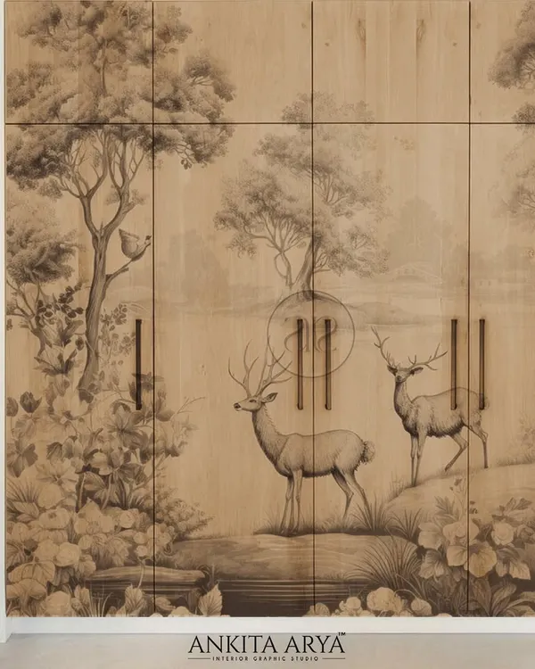 I believe a wardrobe shouldn't just store things; it should tell a story. This custom-printed veneer panel transforms a functional piece of furniture into a captivating wall mural, featuring a serene, hand-illustrated forest scene that brings a touch of nature's tranquility into the bedroom.