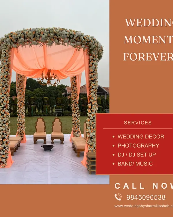 Wedding moments forever! This graphic outlines our core services: wedding decor, photography, DJ, and music. We handle all wedding-related services under one point of contact.