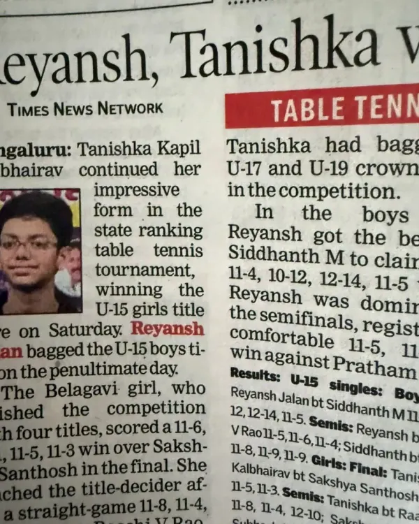 We are pleased to see our player Reyansh Jalan's U-15 boys title win featured in the Times News Network, highlighting his dominant performance in the state ranking tournament.